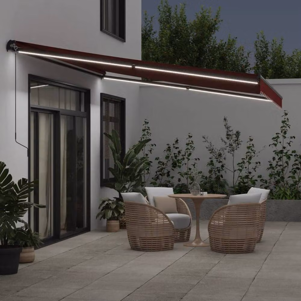 Berkfield Home Manual Retractable Awning with LEDs, Burgundy and Black, W: 450 cm, D: 350 cm – 3