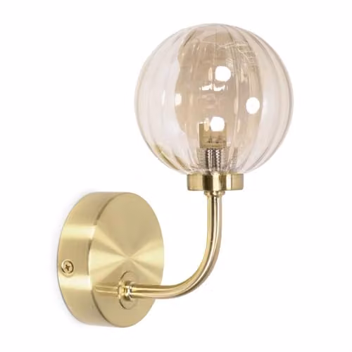 ValueLights Art Deco Gold Metal Wall Light with Amber Ribbed Glass Sphere Shade and LED Bulb