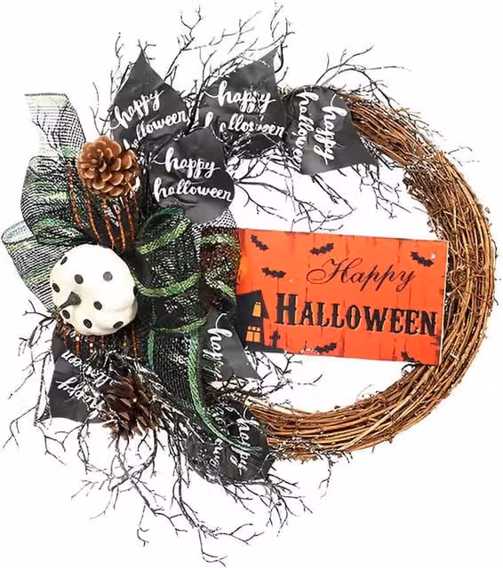 H&O Direct Multicolour Halloween Pumpkin, Bow and Pine Cones Wreath with Halloween Sign, Diameter: 40 cm – 1