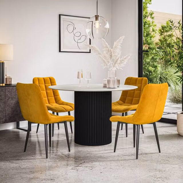 More4Homes Arlo Round White Marble Dining Table with Black Legs and 4 Mustard Nova Velvet Dining Chairs – 1
