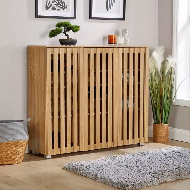 Home Source Halden 3 Door Slatted Front Shoe Storage Cabinet in Oak Effect