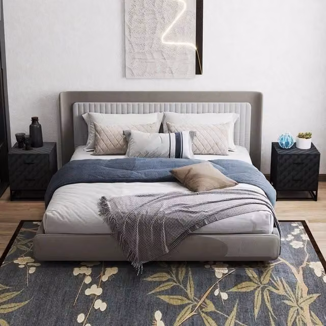 EONLION Pair of Modern Black Bedside Tables with Geometric Diamond Pattern