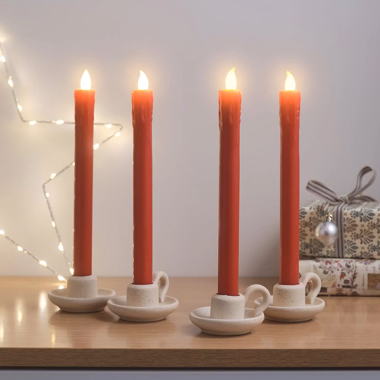 Lights4fun Set of 4 Red Wax Taper Candles with LED Flames and Dripping Effect – 1