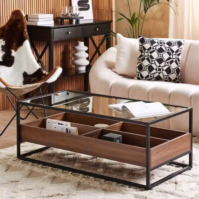 Wyld and Coco Rectangular Coffee Table with Black Tempered Glass Top and Dark Brown Metal Frame, W: 110 cm, D: 55 cm, H: 42 cm