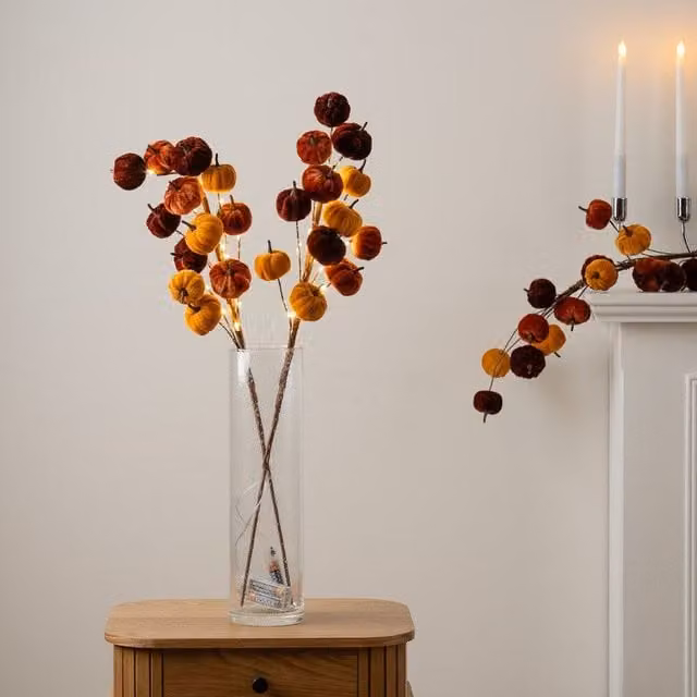 Scottish Everlastings Ltd Set of 2 Pre-lit Velvet Pumpkin Stems in Brown and Orange – 1