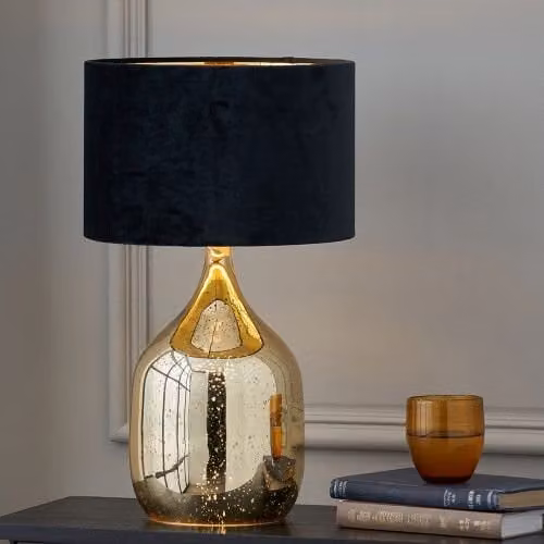 Ruma Gold Foxed Glass Dual Light Table Lamp with Black Shade – 1