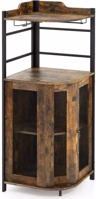 Kelvenix Industrial Corner Wine Cabinet Buffet in Brown with Glass Doors