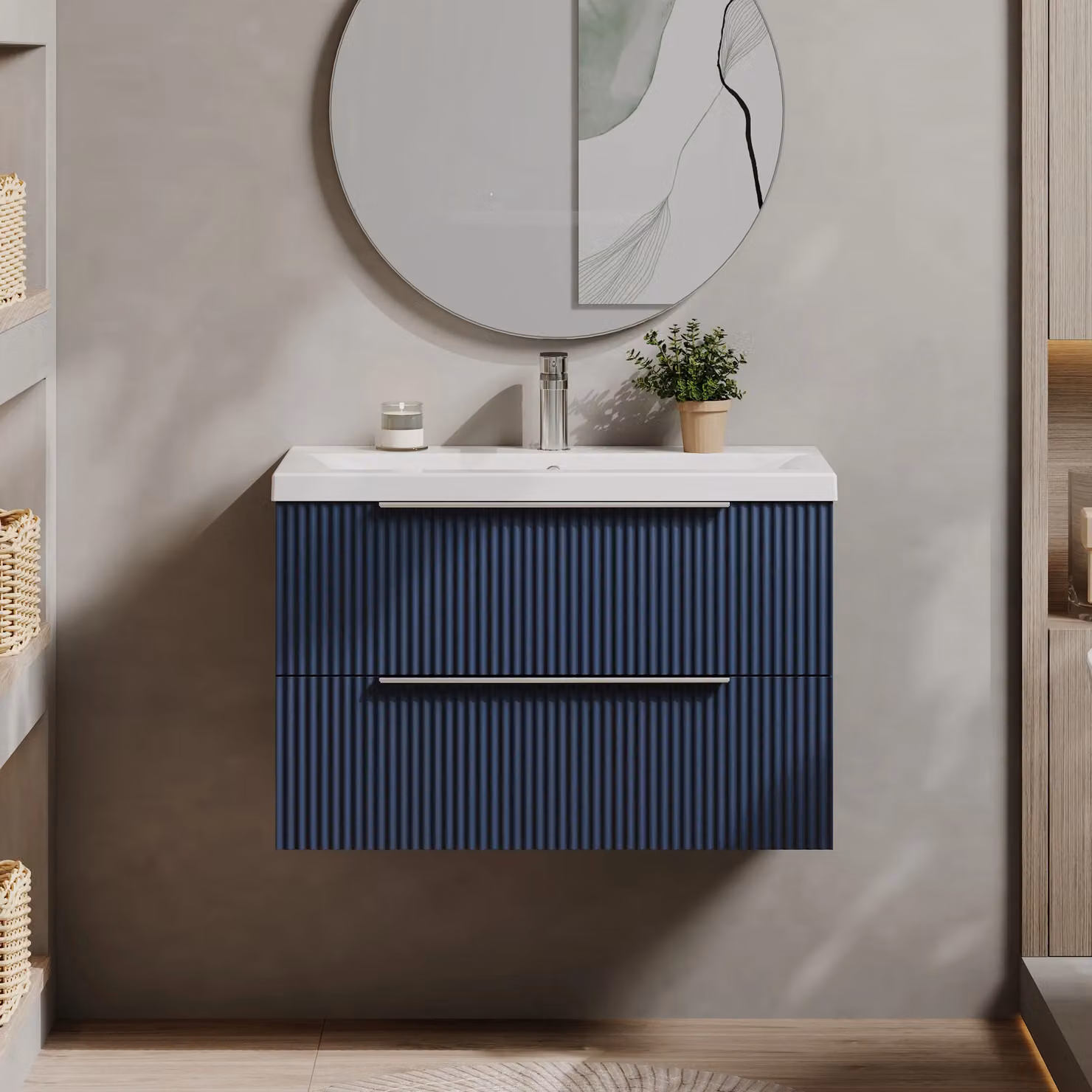 Balterley Fluted Wall Hung 2 Drawer Vanity Basin Unit and Basin, Satin Blue, Width: 80 cm – 2