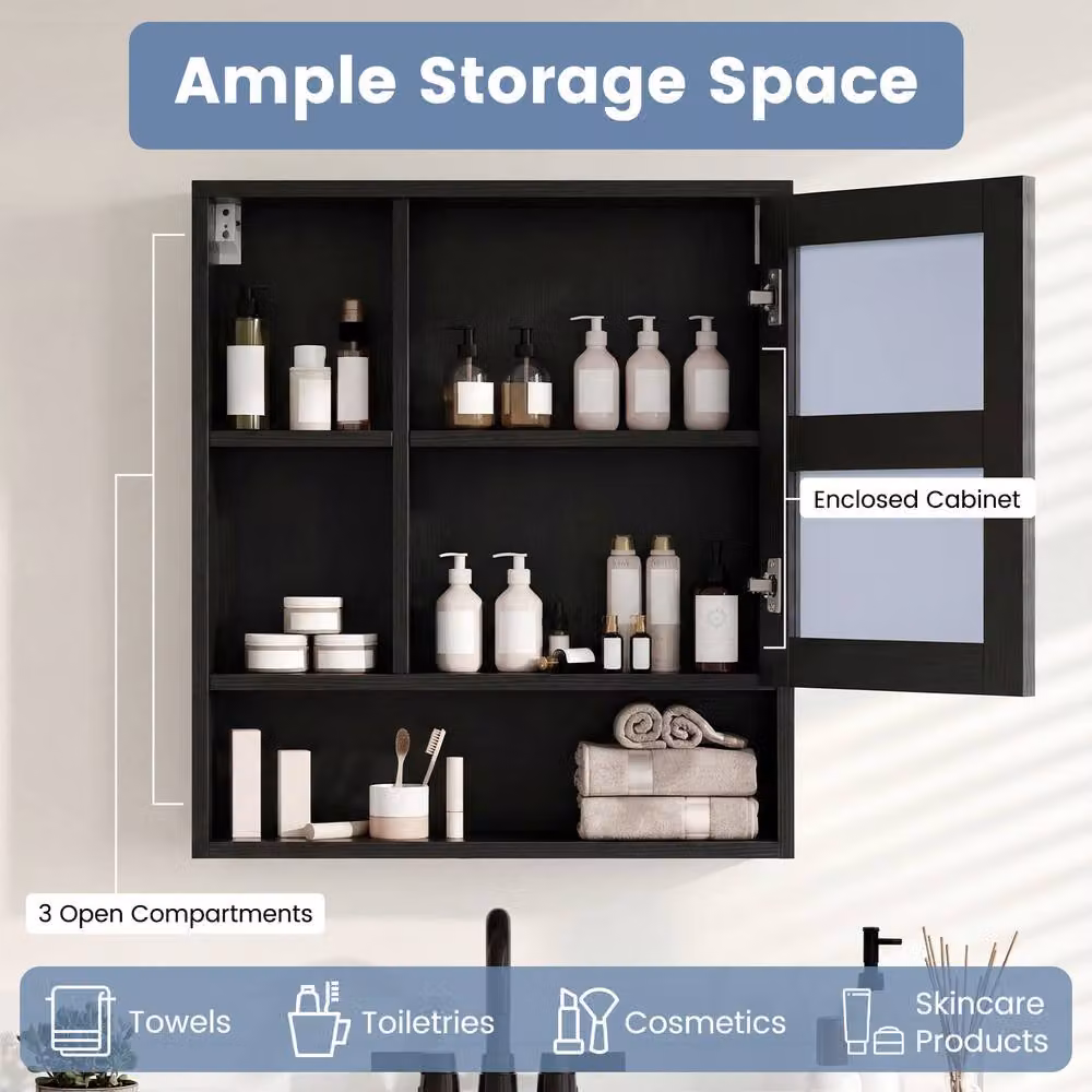 Costway Modern Black Wooden Bathroom Wall Mirror Cabinet with 3 Open Shelves – 8