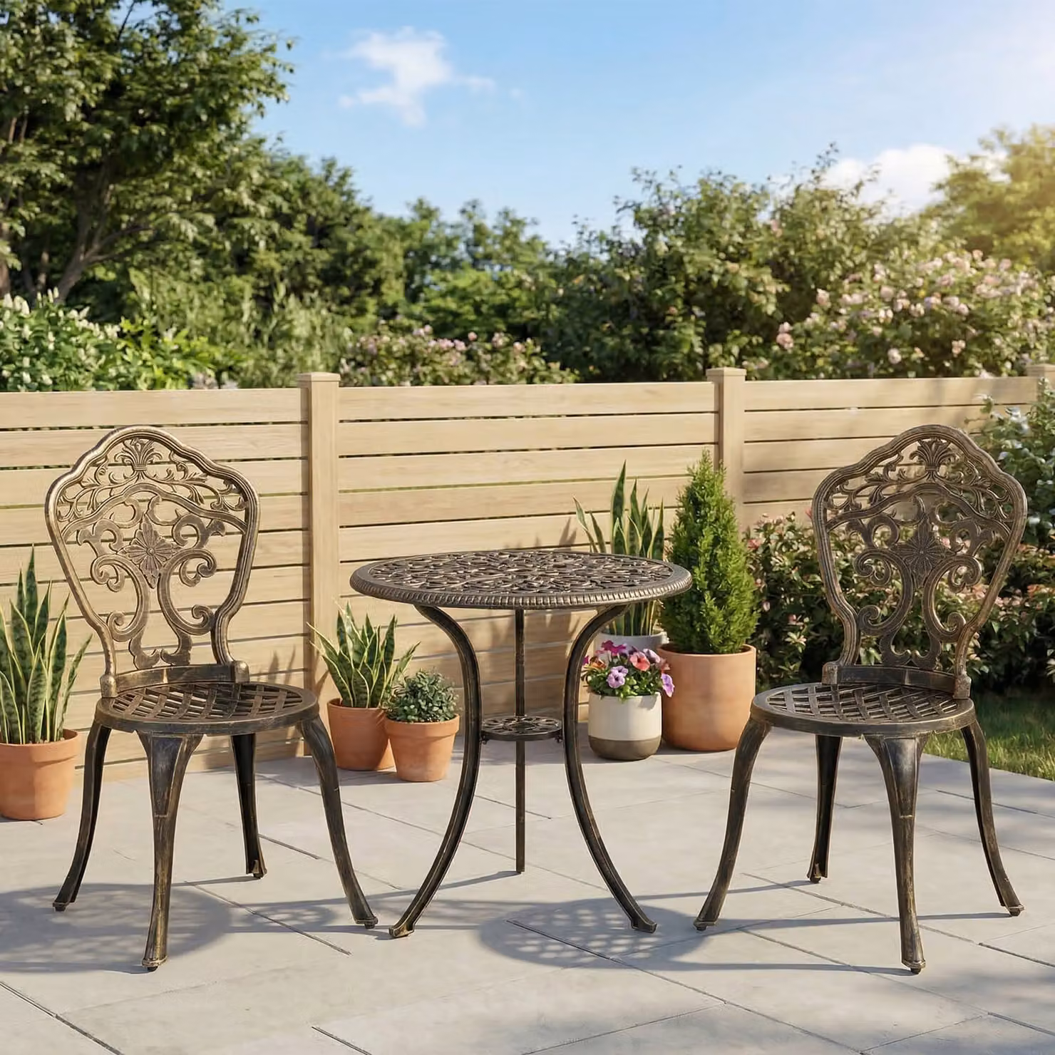 Outsunny 3 Piece Cast Aluminium Garden Bistro Set with Parasol Hole in Bronze Brown – 2