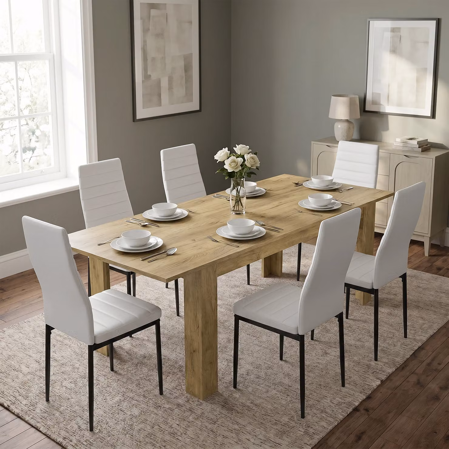 DHS Milo Extendable Rectangular Dining Table and 6 Chairs Set in White