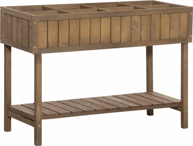 Outsunny Brown Wooden Raised Flower Bed with 8 Inner Cubes, Bottom Shelf and Drainage Holes, W: 110 cm, D: 46 cm, H: 76 cm – 1
