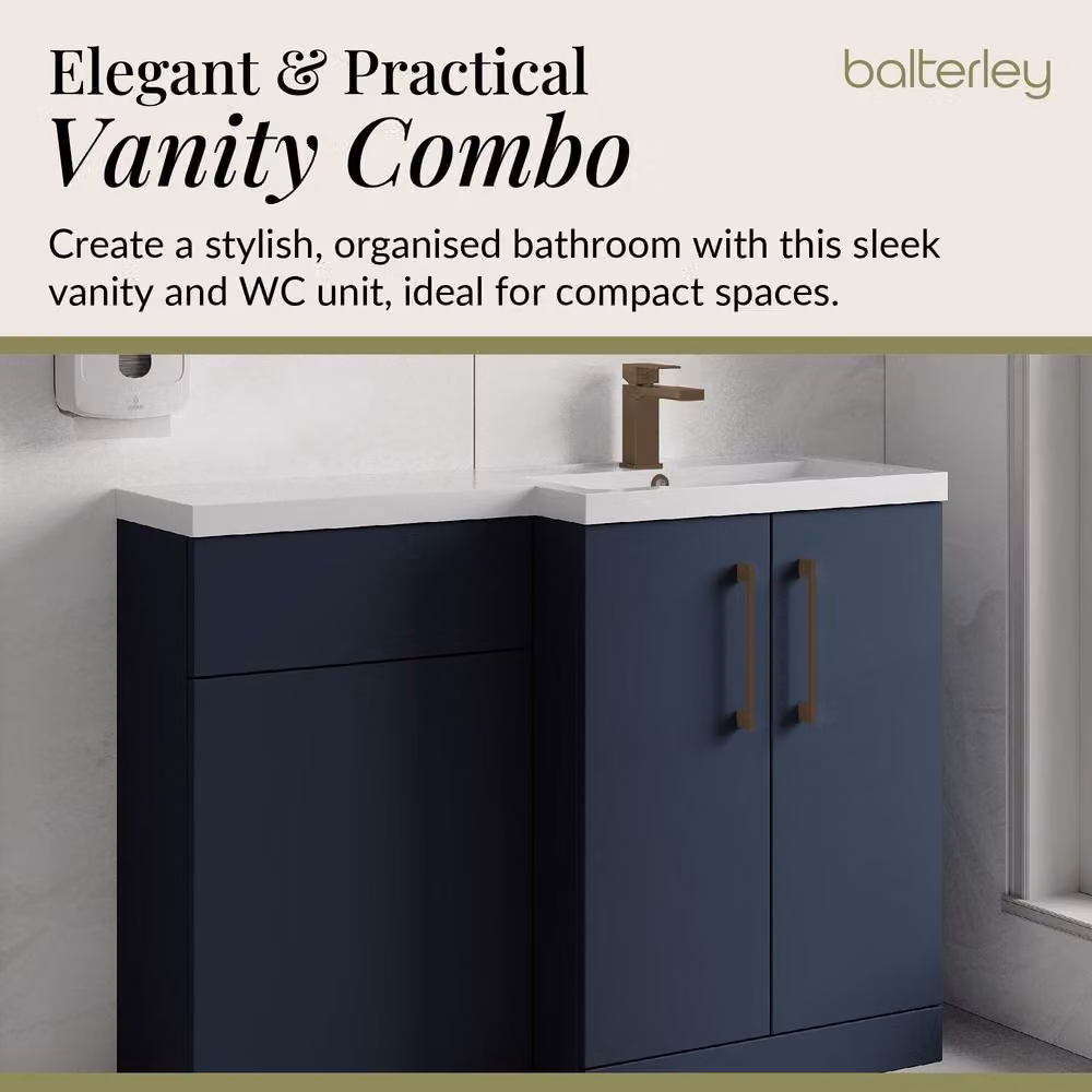 Balterley Blue Modern Right-Hand Vanity and WC Unit Combination with Brushed Bronze Details, W: 110 cm, H: 84 cm – 3