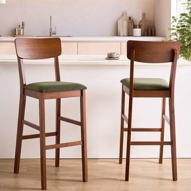 Wyld and Coco Set of 2 Walnut Rubberwood Bar Chairs with Dark Green Fabric Upholstery in Brown
