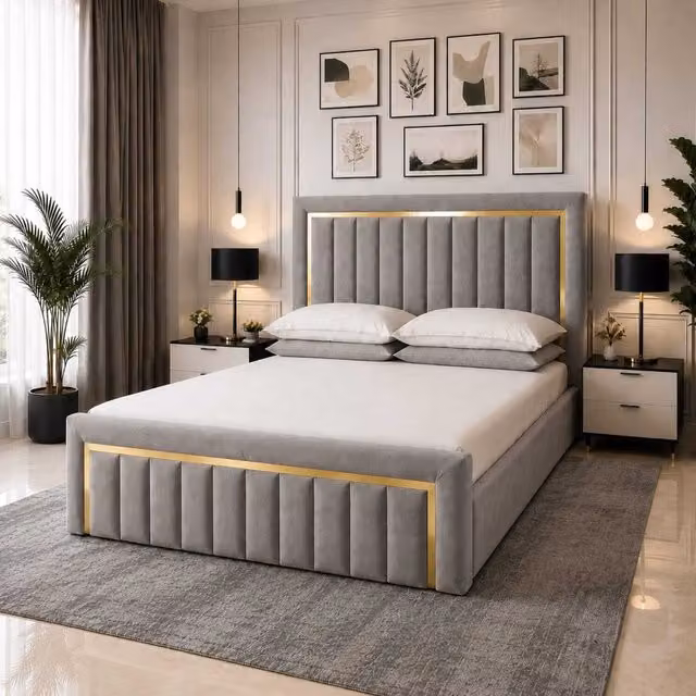 K Mehmood Enterprise Ltd Gold Striped Grey Velvet Upholstered Ottoman Bed Frame with Lift Up Base