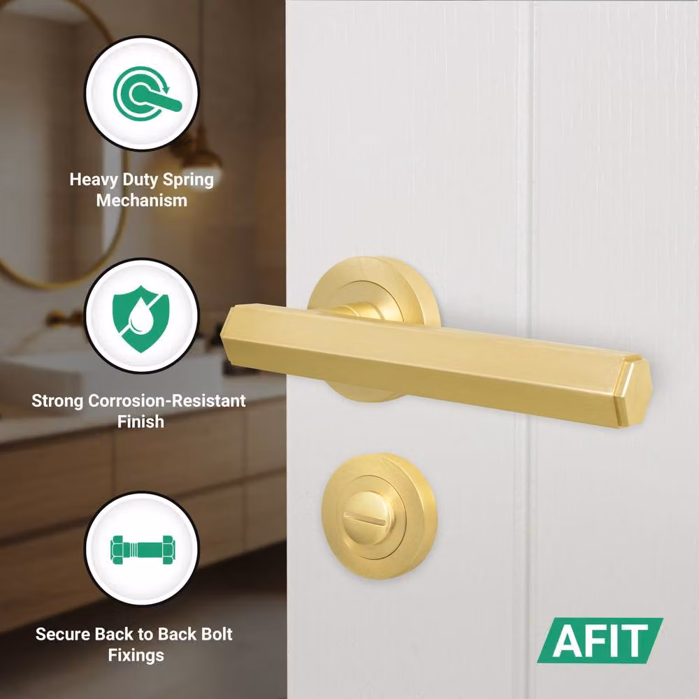 AFIT Satin Brass Bathroom Door Handle Set with Lock and Hinges in Gold – 2