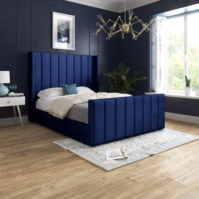 Maryland Soft Velvet Upholstered Straight Winged Bed Frame in Blue, Single (90 x 200 cm)