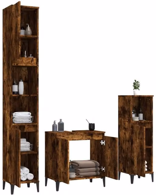 Berkfield Home Modern 3 Piece Brown Smoked Oak Bathroom Furniture Set with Vanity Unit, Tall Cabinet and Side Cabinet