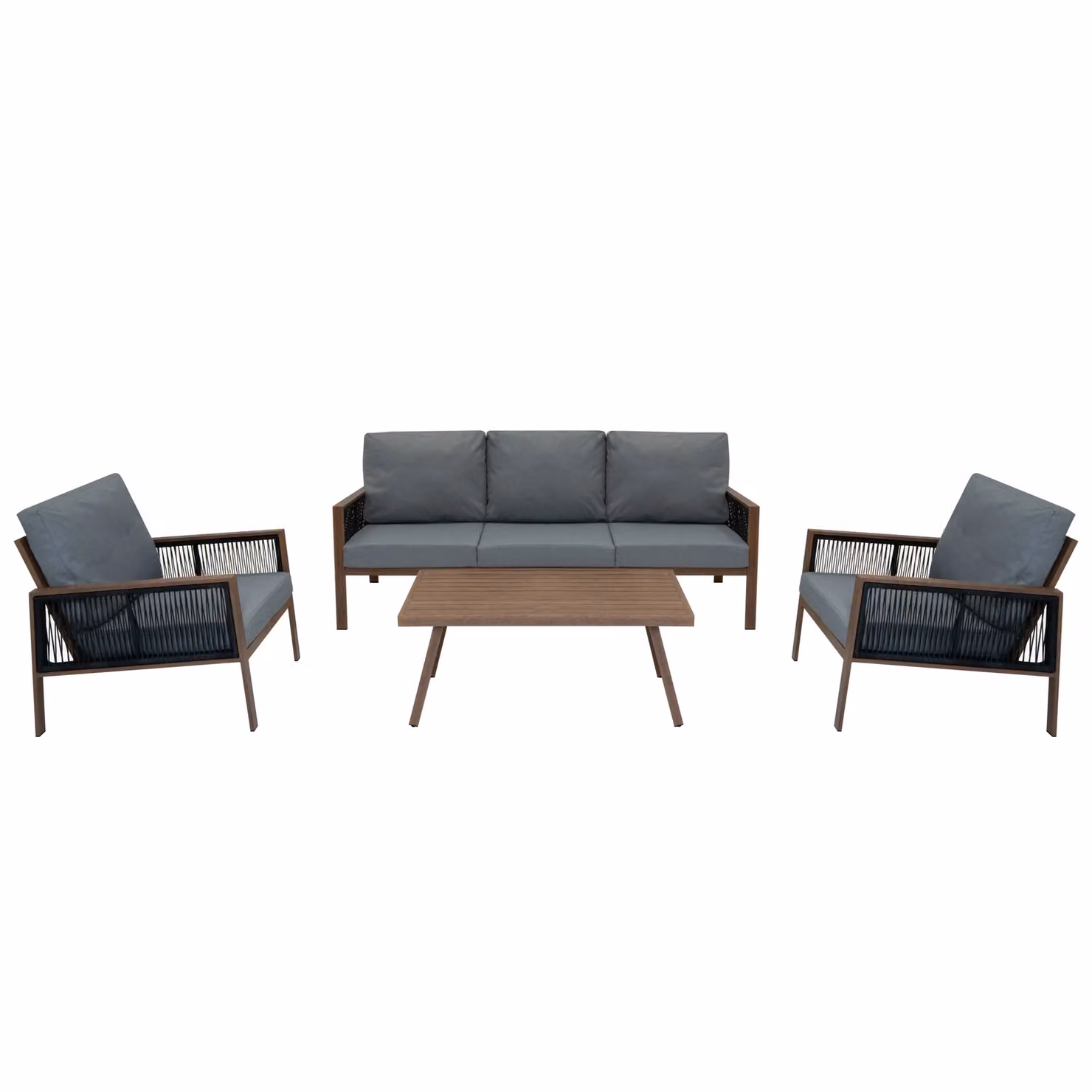 Monstershop 4 Piece Garden Furniture Set with Wood Effect Aluminium Frame, Black Rattan Storage Box and Grey Upholstered Cushions – 2