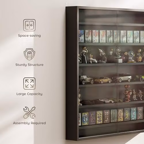 HOMCOM 7-Tier Wall Mounted Display Cabinet with Glass Doors in Black, W/H: 80 x 83 cm – 6