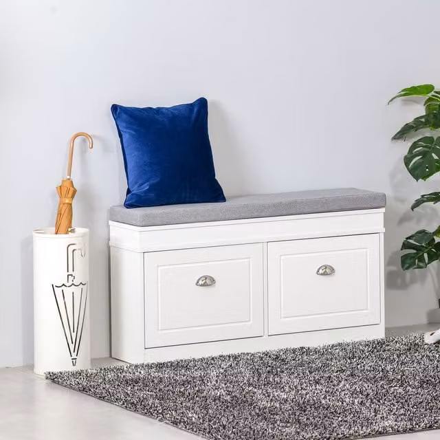 HOMCOM Shoe Storage Bench with Seat Cushion and 2 Drawers in White and Grey
