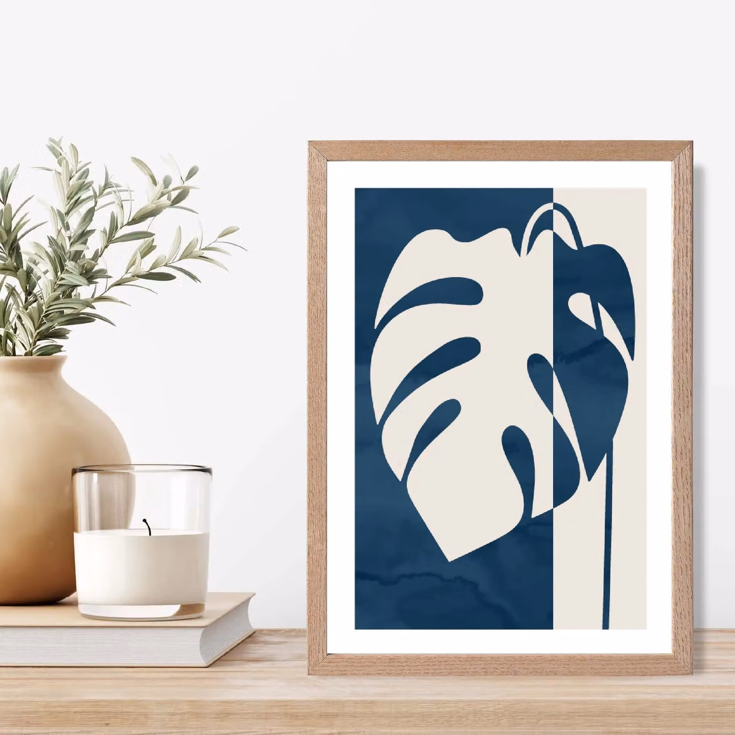 ARTZE Navy Blue Monstera Mid Century Tropical Framed Print with Oak Frame, A2 – 2