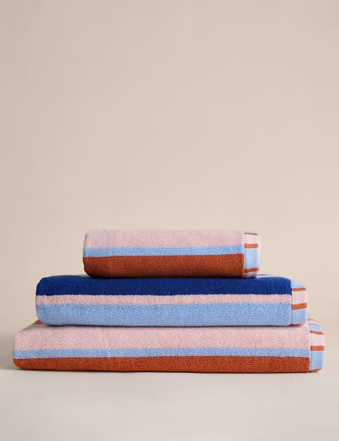 M&S Pure Cotton Striped Reversible Towel in Blue and Red