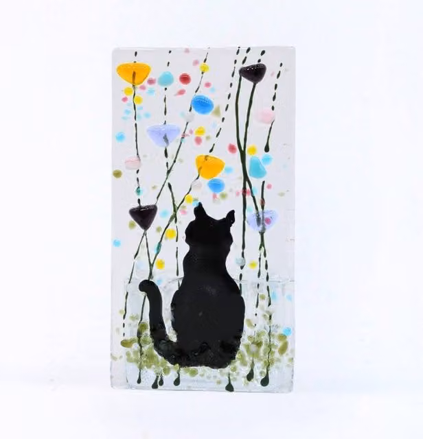 Sienna Glass Handmade Fused Glass Cat Tea Light Holder in Multicolour Summer Meadow Floral Design