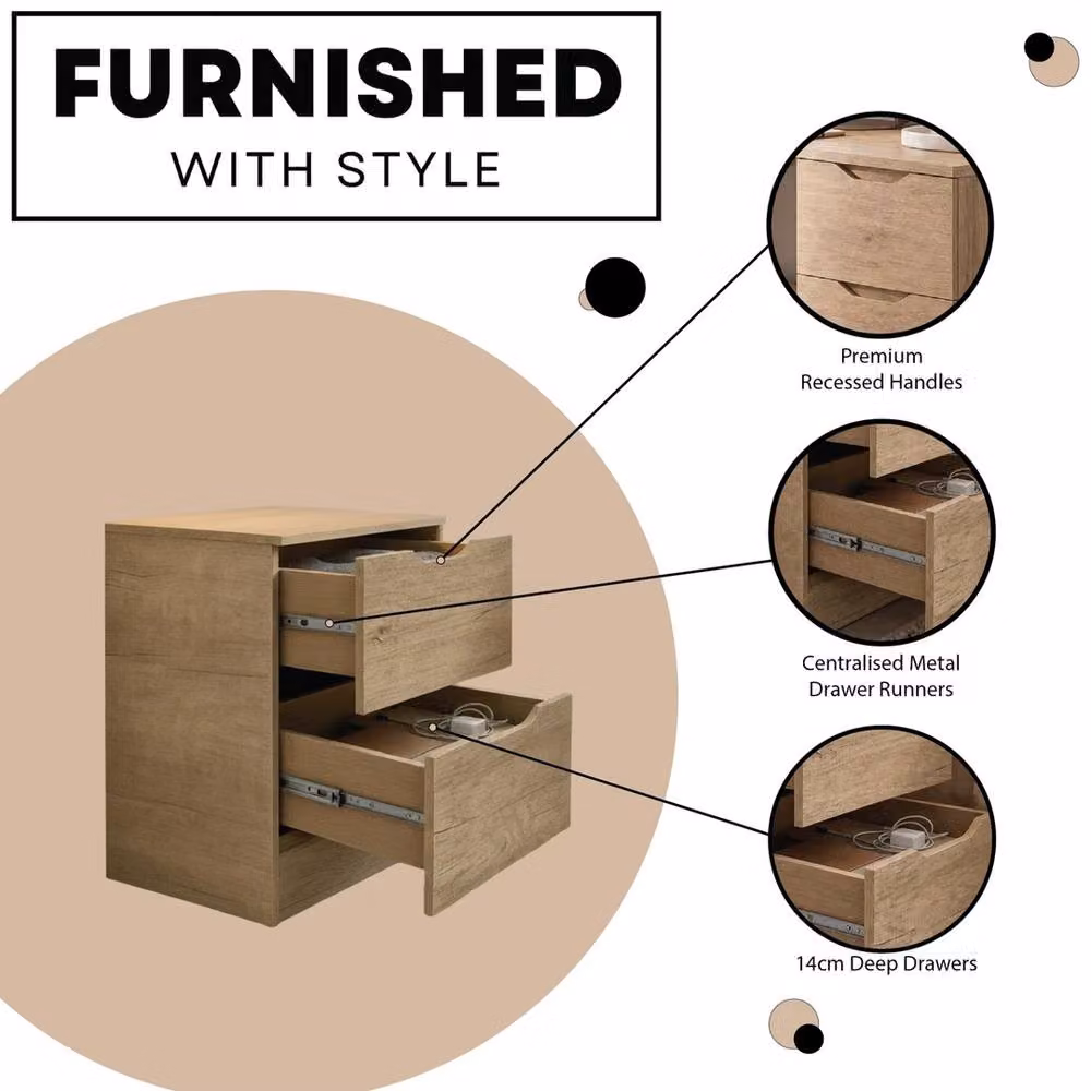 Havendro Modern Oak Effect 2 Drawer Bedside Table in Brown – 2