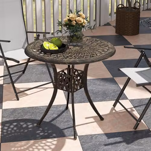 Outsunny Round Garden Dining Table with Parasol Hole, Bronze Tone – 6