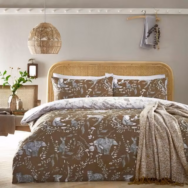 Buckthorn Woodland Reversible Floral and Animal Print Duvet Cover Set in Orange and Brown, 180 x 200 cm