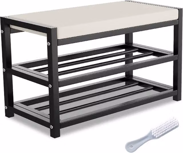 Ventryn Black Synthetic Leather Shoe Bench Stool and Storage Rack – 1
