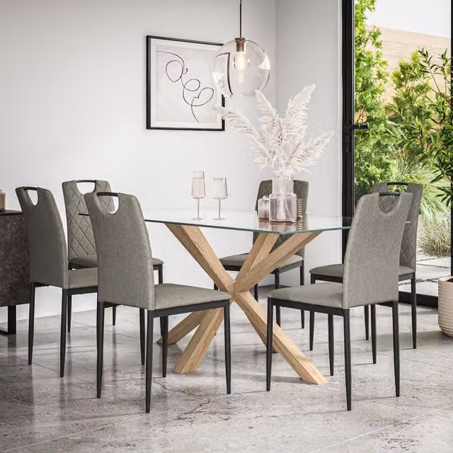 More4Homes Etta Glass Dining Table and 6 Monza Grey Fabric Chairs Set with Solid Oak Legs