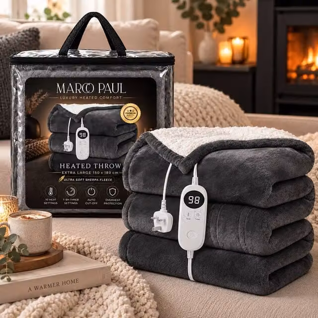 Marco Paul Luxury Sherpa Fleece Electric Heated Throw in Dark Grey, W: 150 cm x D: 180 cm – 1
