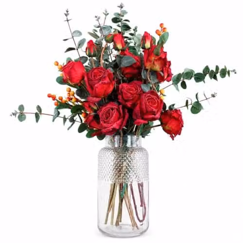 Leaf Design UK Mixed Floral Artificial Flower Display with Transparent Glass Vase in Red and Orange – 1