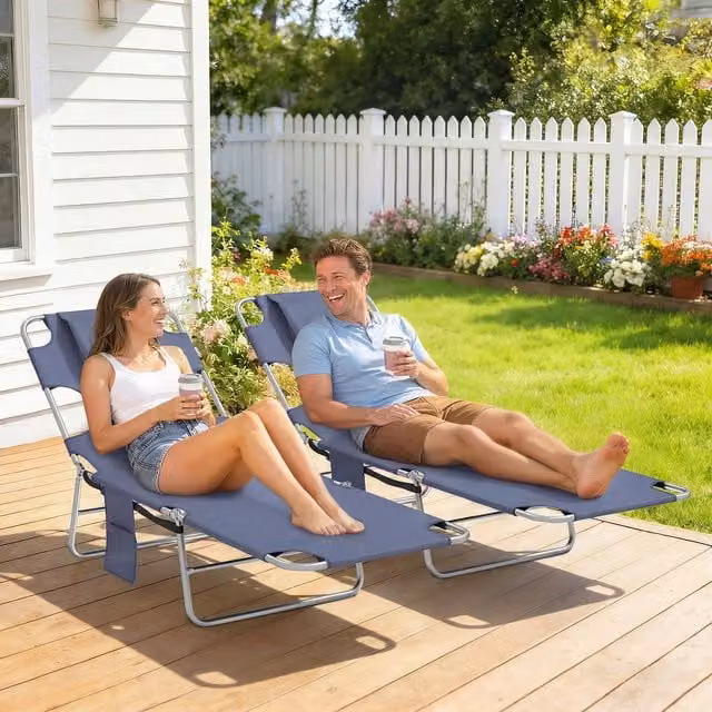 Outsunny Set of 2 Folding Garden Sun Loungers with Reading Hole in Grey