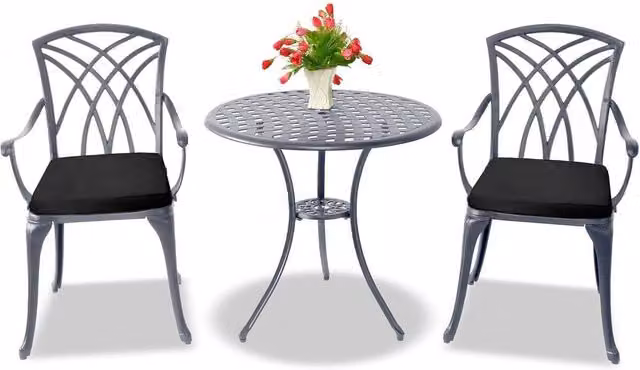 Centurion Supports OSHOWA Cast Aluminium Garden Bistro Set with Round Table and 2 Armchairs in Grey with Black Cushions