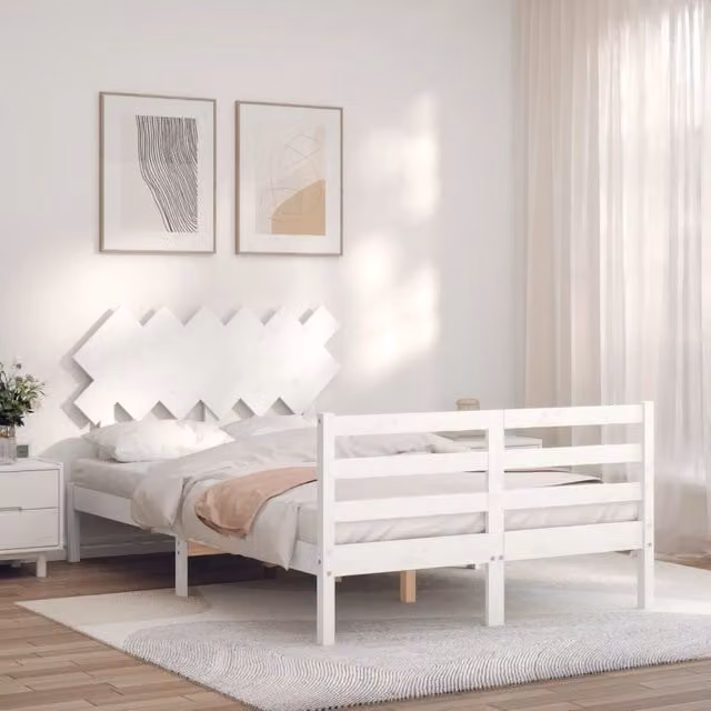 Berkfield Home White Double Bed Frame with Headboard in Solid Pine Wood, W/D/H: 140 x 200 cm – 1