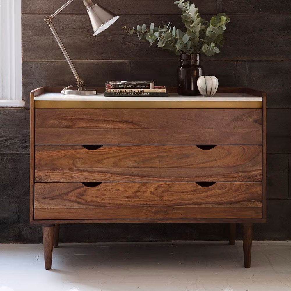 Atkin & Thyme Deco Marble Chest Of Drawers in White and Brown Sheesham Wood and Stone