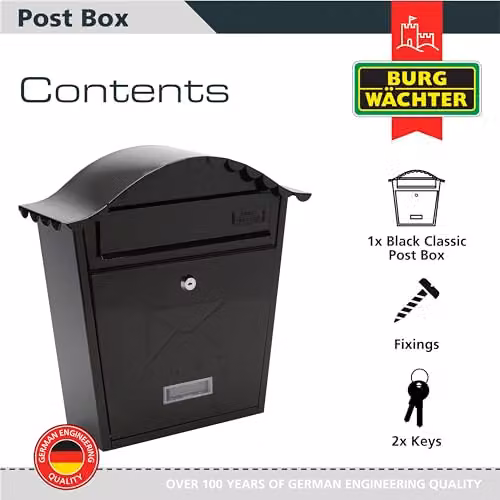 Burg-Wächter MB01BK Black Classic Wall Mounted Galvanised Steel Lockable Weatherproof Post Box W: 36 cm, H: 37 cm, D: 13 cm – 3
