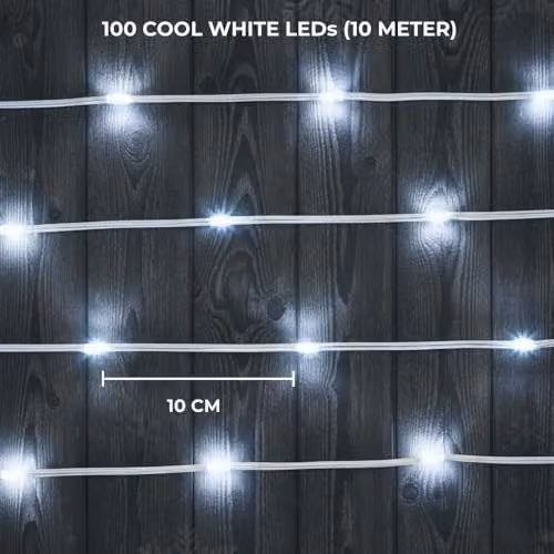 Shatchi Cool White LED String Lights with 100 LEDs, 10m Length, 8 Modes, Timer and IP44 Waterproof Rating for Indoor and Outdoor Decoration – 8