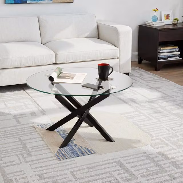 Seconique Sheldon Round Coffee Table with Black Metal Frame and Transparent Glass Top