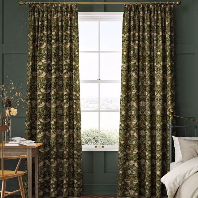 William Morris At Home Strawberry Thief Made to Measure Floral Cotton Curtain Panel in Green and Red