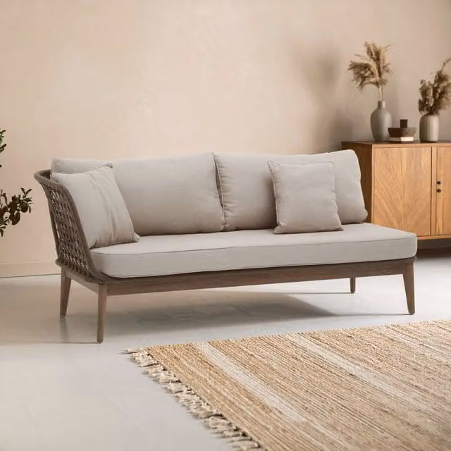 Fifty Five South Orsina Rattan Chaise Lounge with Grey Weatherproof Cushions in Cream