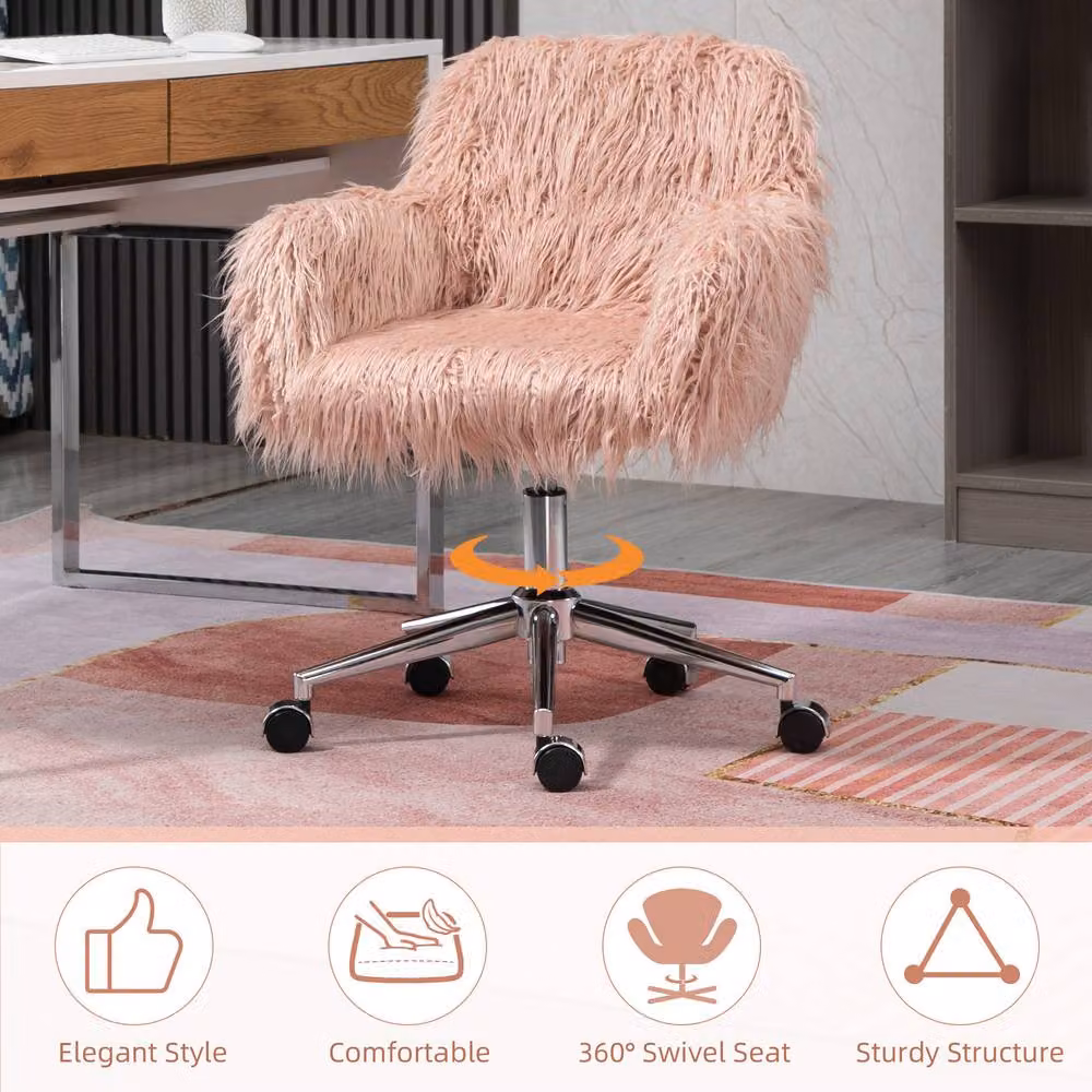 STILVORA Pink Faux Fur Swivel Task Chair with Adjustable Height, Armrests and Castors, W/D/H: 60 x 60 x 120 cm – 3
