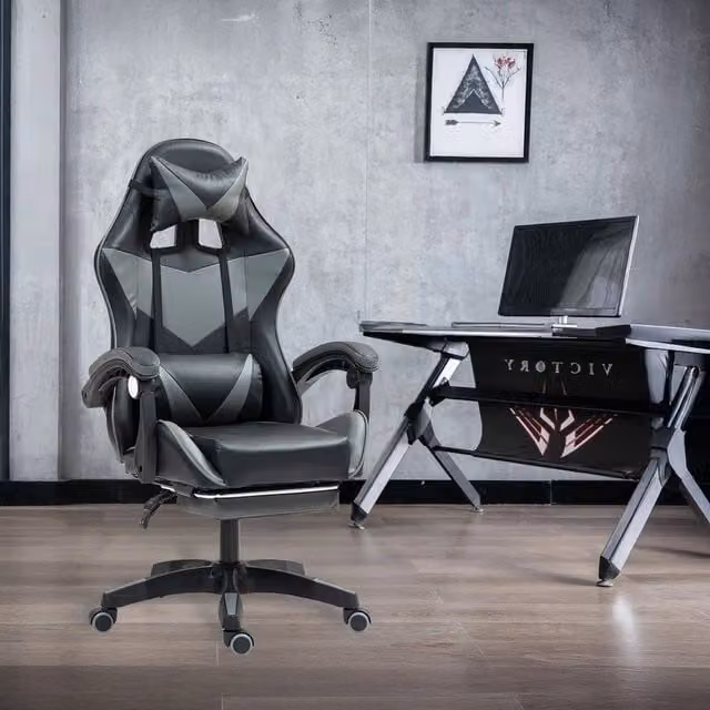 EONLION Black Synthetic Leather Gaming Office Chair with Headrest and Armrests