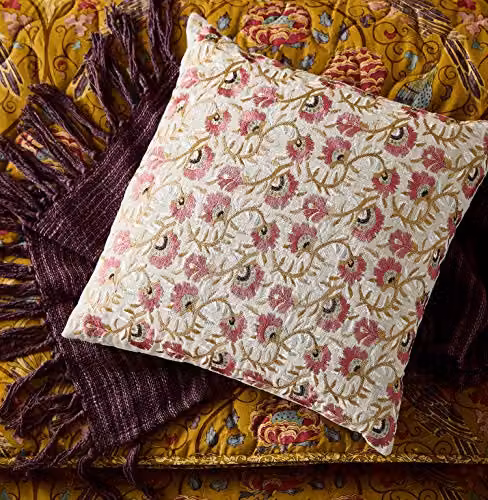 Morris & Co Seasons By May Floral Linen Cushion in Beige and Multicolour, W/D/H: 45 x 45 x 45 cm – 3