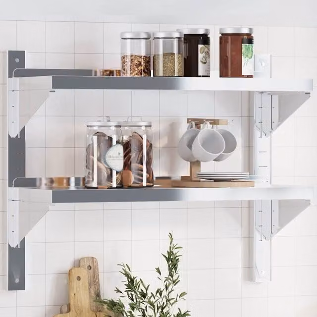 Berkfield Home 2-Tier Wall Mounted Metal Shelf in Silver, W/D/H: 75 x 23.5 x 60 cm
