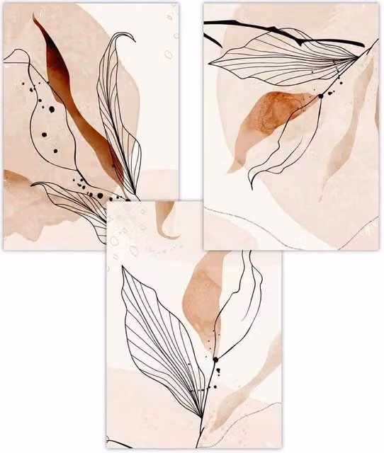 ARTZE Set of 3 Modern Graphical Autumn Leaves Botanical Art Posters in Orange, W: 42 cm, H: 59 cm