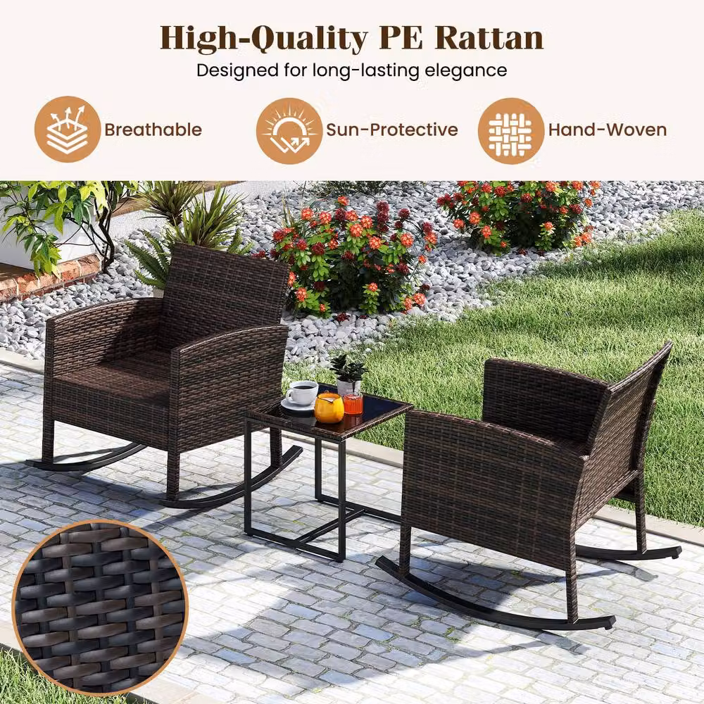 Gymax 3-Piece Grey Rattan Rocking Bistro Set with Glass Coffee Table – 7